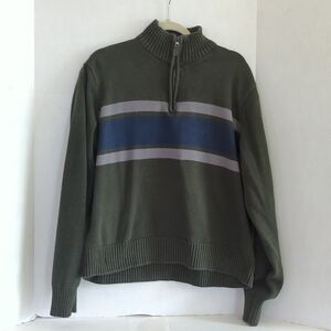 Eddie Bauer Green w Gray & Blue Stripes 1/4 Zip Pullover Cotton Sweater Size XL